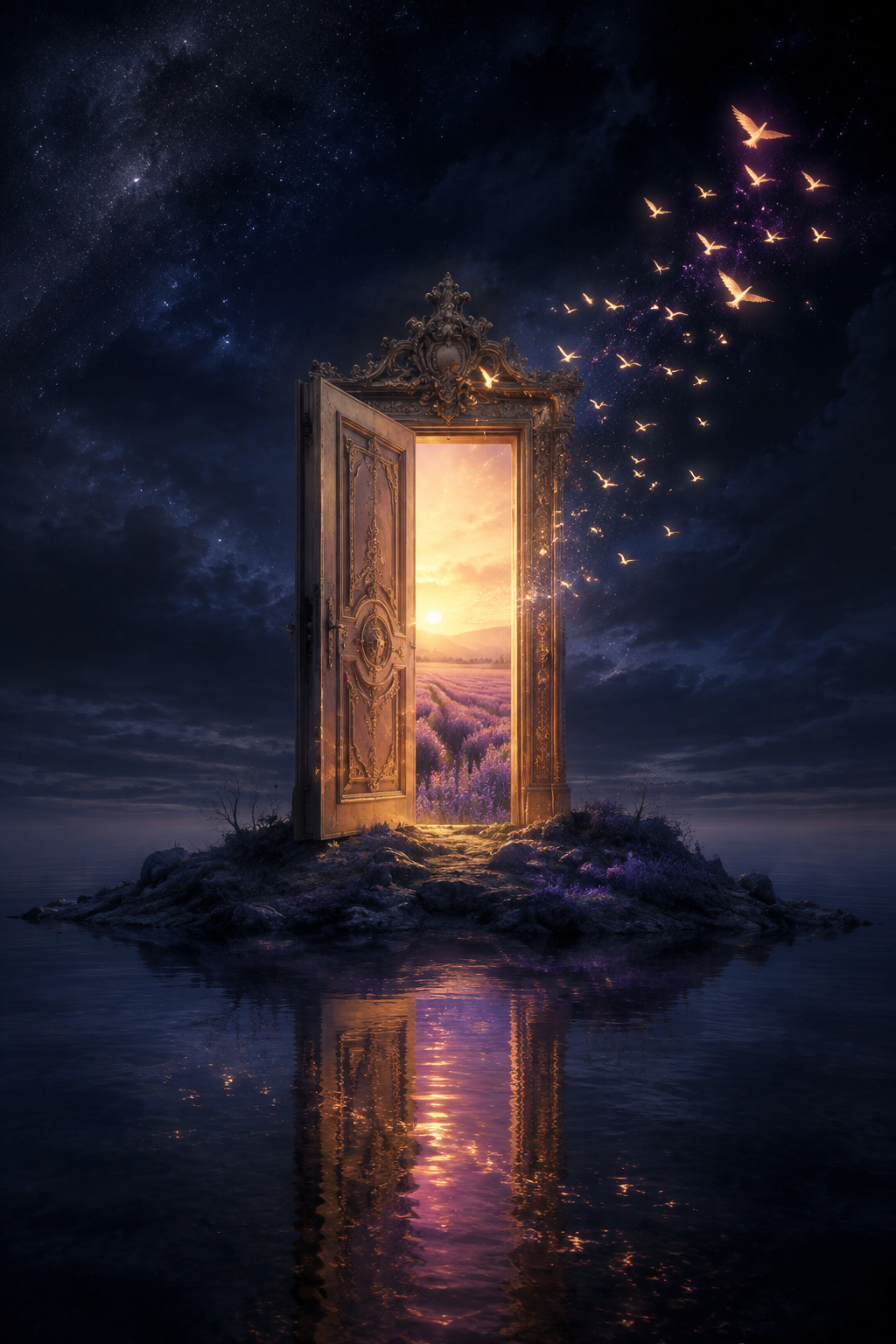A glowing door in the night