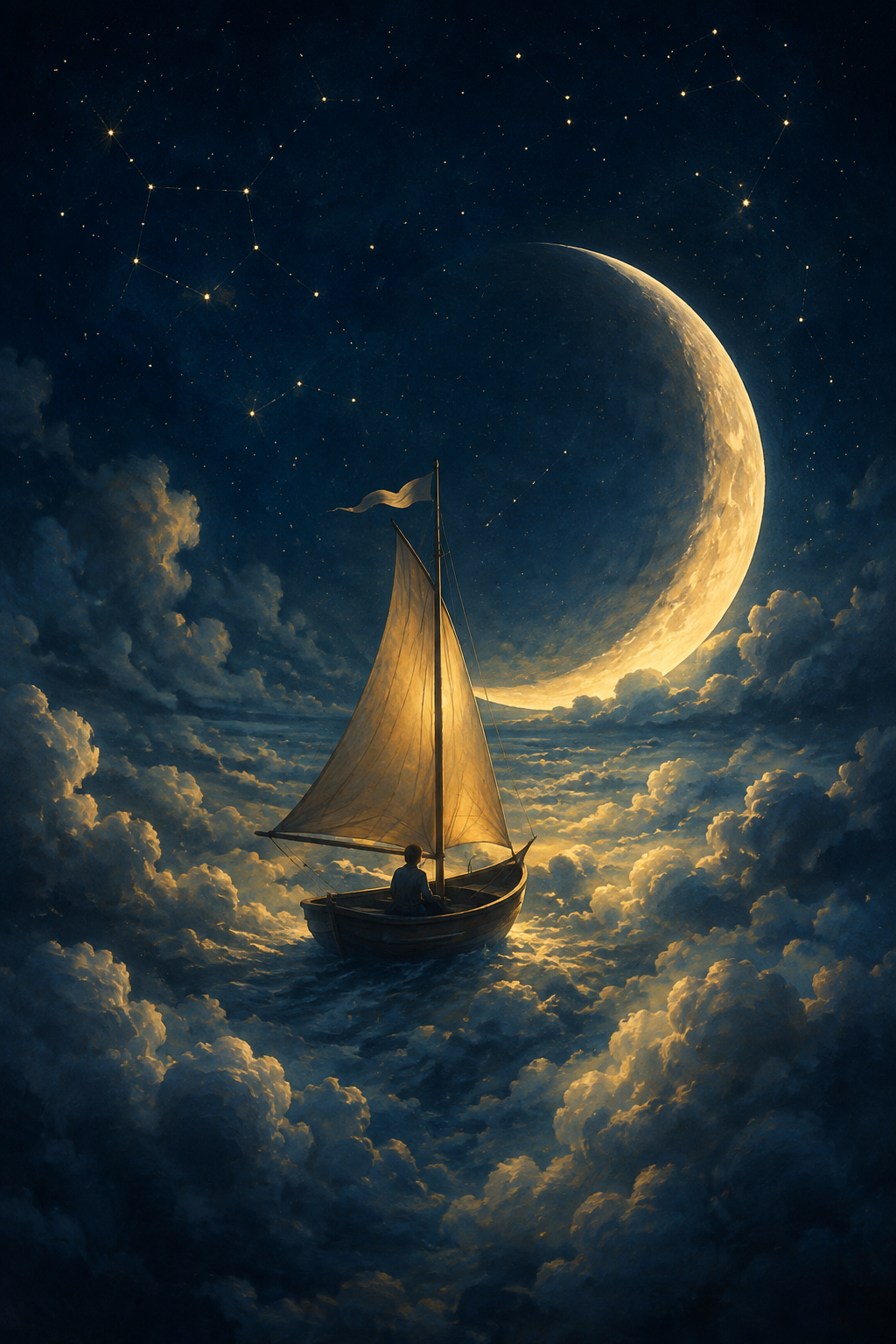 A sailboat beneath a crescent moon
